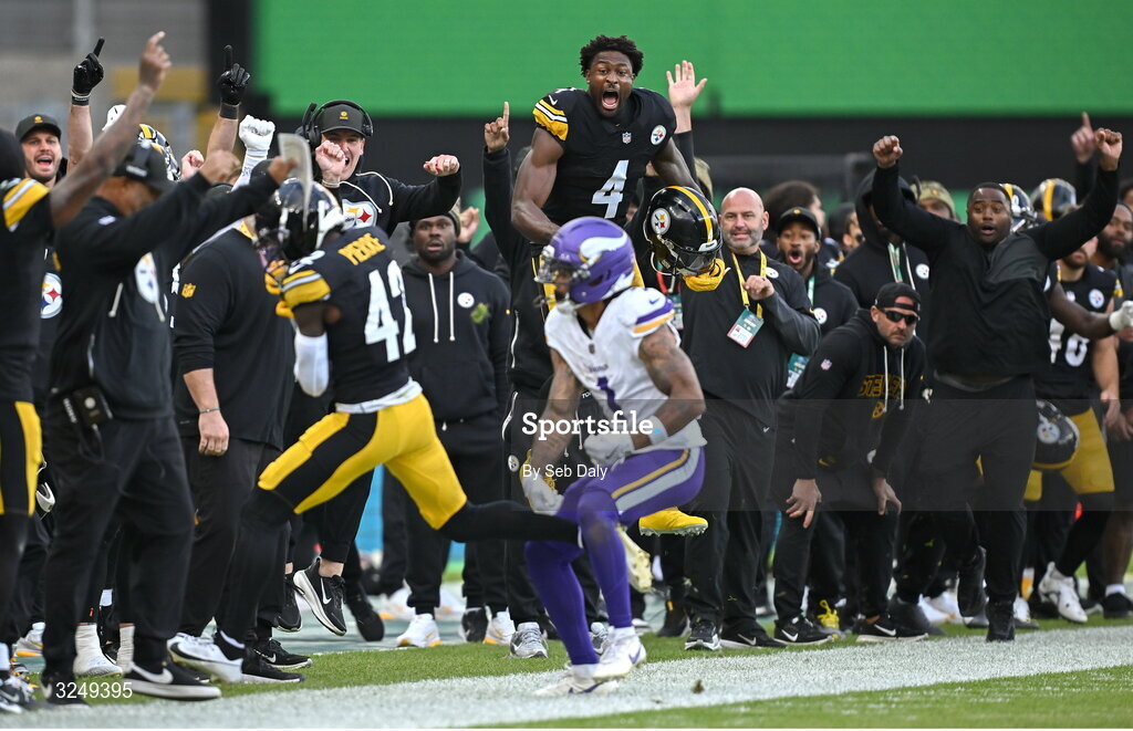 28 September 2025; Wide receiver DK Metcalf #4 of Pittsburgh Steelers celebrates teammate James Pierre making an interception during the 2025 NFL International Game between the Pittsburgh Steelers and the Minnesota Vikings at Croke Park in Dublin. Photo by Seb Daly/Sportsfile