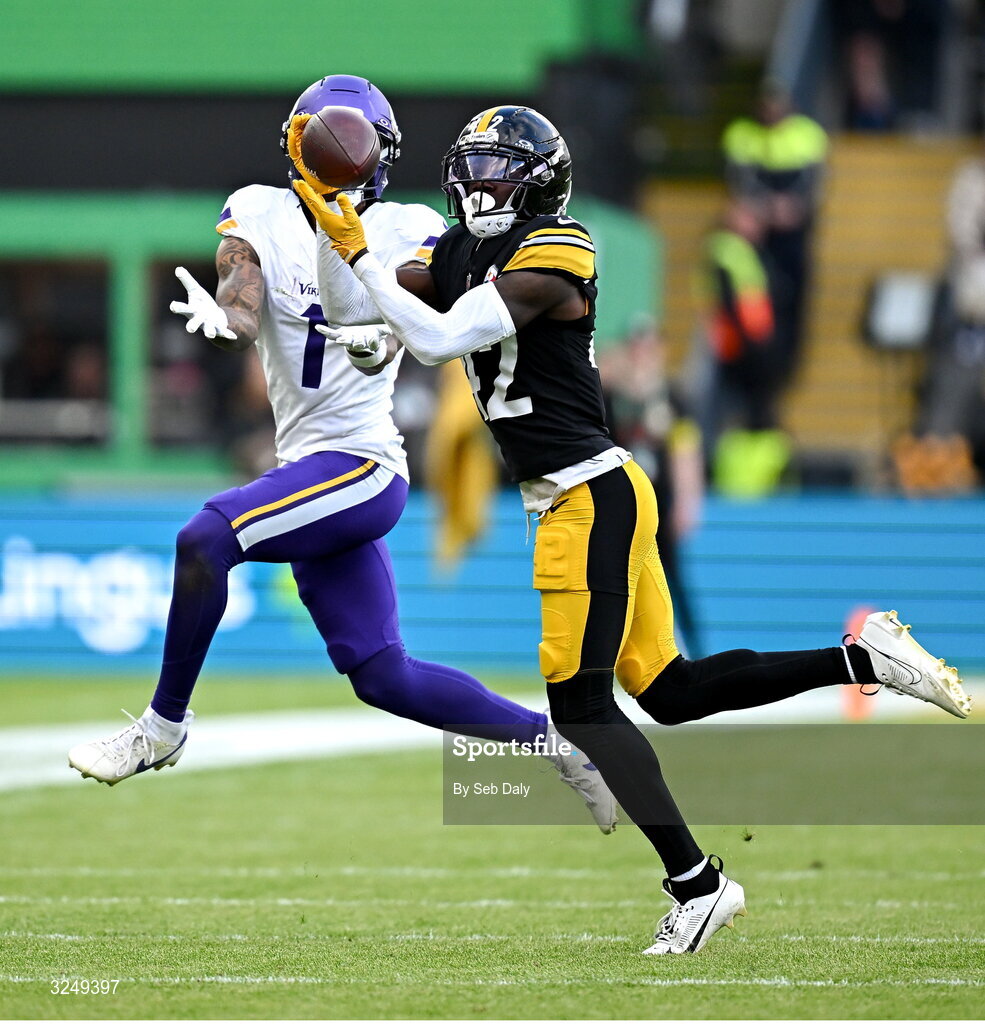 28 September 2025; Cornerback James Pierre #42 of Pittsburgh Steelers makes an interception during the 2025 NFL International Game between the Pittsburgh Steelers and the Minnesota Vikings at Croke Park in Dublin. Photo by Seb Daly/Sportsfile