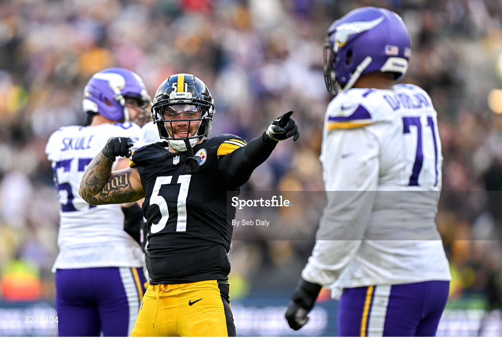 28 September 2025; Linebacker Nick Herbig #51 of Pittsburgh Steelers celebrates his side winning an interception during the 2025 NFL International Game between the Pittsburgh Steelers and the Minnesota Vikings at Croke Park in Dublin. Photo by Seb Daly/Sportsfile