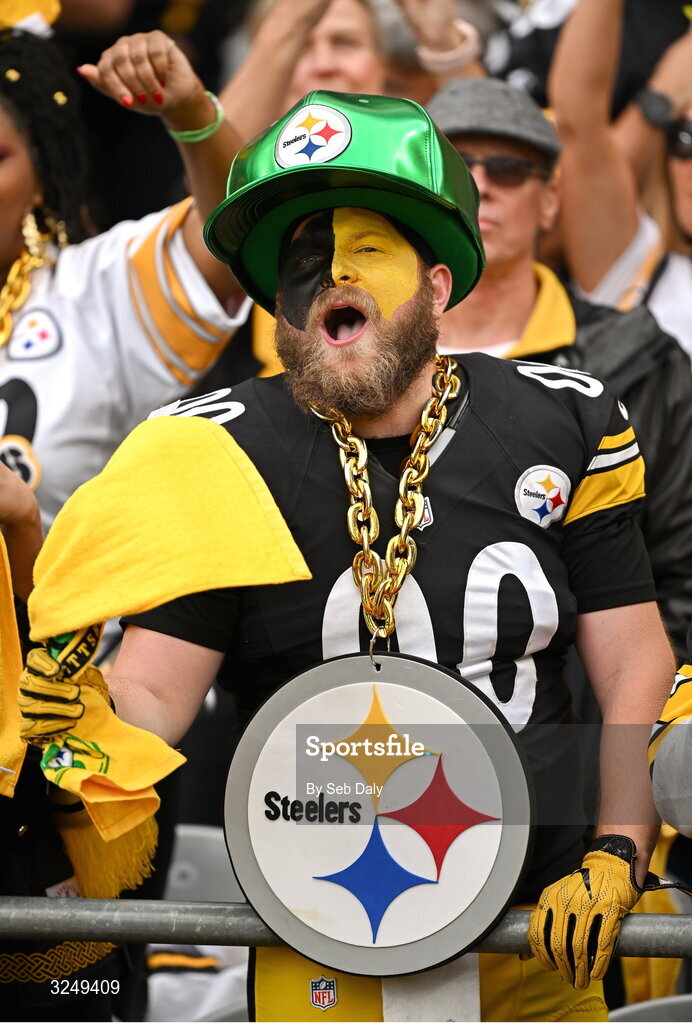 28 September 2025; A Pittsburgh Steelers supporter during the 2025 NFL International Game between the Pittsburgh Steelers and the Minnesota Vikings at Croke Park in Dublin. Photo by Seb Daly/Sportsfile