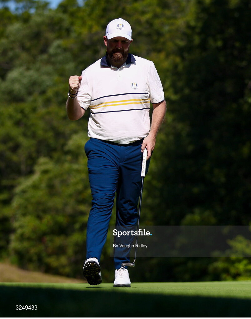 28 September 2025; Shane Lowry of Europe celebrates a putt on the third green during the singles matches on day three of the 2025 Ryder Cup at Black Course at Bethpage State Park Golf Course in Farmingdale, New York, USA. Photo by Vaughn Ridley/Sportsfile