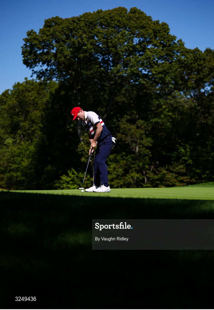 28 September 2025; Russell Henley of USA putts on the third green during the singles matches on day three of the 2025 Ryder Cup at Black Course at Bethpage State Park Golf Course in Farmingdale, New York, USA. Photo by Vaughn Ridley/Sportsfile