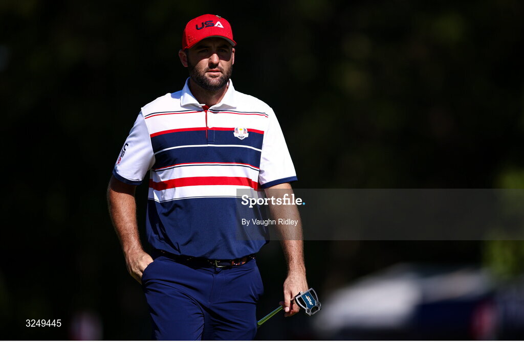 28 September 2025; Scottie Scheffler of USA during the singles matches on day three of the 2025 Ryder Cup at Black Course at Bethpage State Park Golf Course in Farmingdale, New York, USA. Photo by Vaughn Ridley/Sportsfile