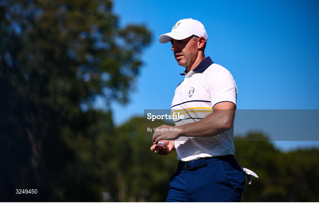 28 September 2025; Rory McIlroy of Europe on the ninth green during the singles matches on day three of the 2025 Ryder Cup at Black Course at Bethpage State Park Golf Course in Farmingdale, New York, USA. Photo by Vaughn Ridley/Sportsfile