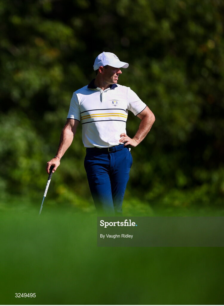 28 September 2025; Rory McIlroy of Europe during the singles matches on day three of the 2025 Ryder Cup at Black Course at Bethpage State Park Golf Course in Farmingdale, New York, USA. Photo by Vaughn Ridley/Sportsfile