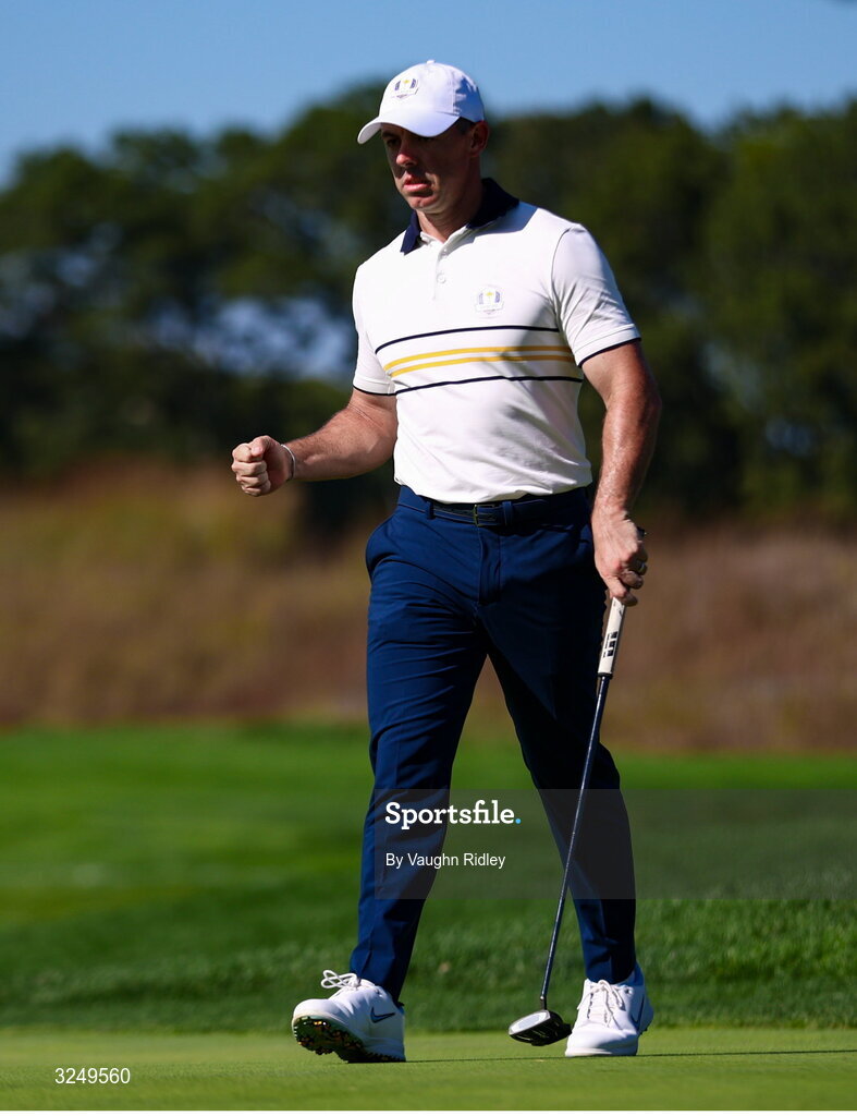 28 September 2025; Rory McIlroy of Europe reacts after a putt on the 11th green during the singles matches on day three of the 2025 Ryder Cup at Black Course at Bethpage State Park Golf Course in Farmingdale, New York, USA. Photo by Vaughn Ridley/Sportsfile