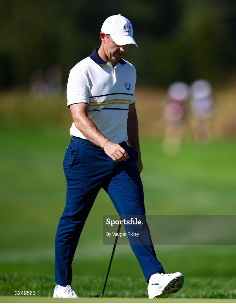 28 September 2025; Rory McIlroy of Europe during the singles matches on day three of the 2025 Ryder Cup at Black Course at Bethpage State Park Golf Course in Farmingdale, New York, USA. Photo by Vaughn Ridley/Sportsfile