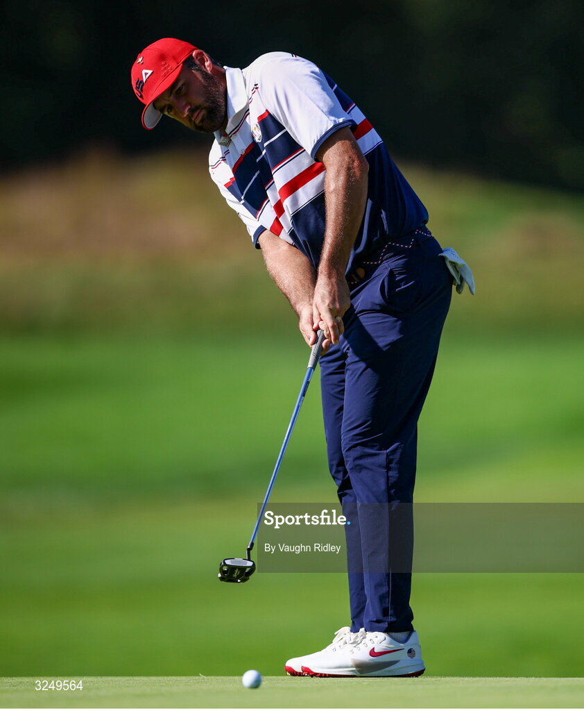 28 September 2025; Scottie Scheffler of USA putts on the 12th green during the singles matches on day three of the 2025 Ryder Cup at Black Course at Bethpage State Park Golf Course in Farmingdale, New York, USA. Photo by Vaughn Ridley/Sportsfile