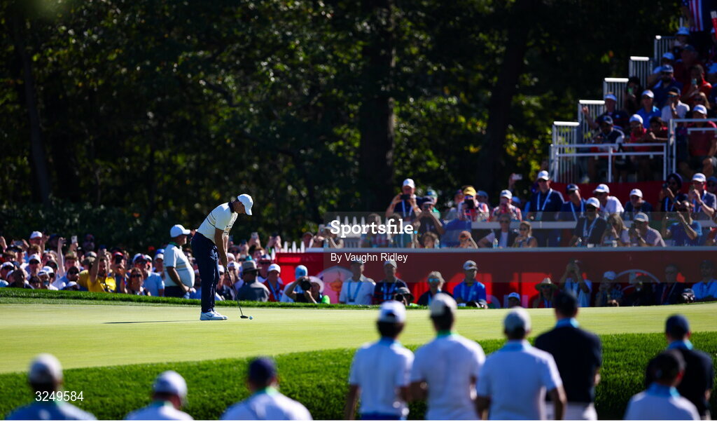 28 September 2025; Rory McIlroy of Europe putts on the 12th green during the singles matches on day three of the 2025 Ryder Cup at Black Course at Bethpage State Park Golf Course in Farmingdale, New York, USA. Photo by Vaughn Ridley/Sportsfile