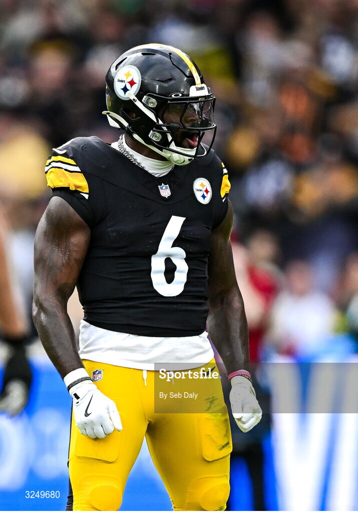 28 September 2025; Linebacker Patrick Queen #6 of Pittsburgh Steelers during the 2025 NFL International Game between the Pittsburgh Steelers and the Minnesota Vikings at Croke Park in Dublin. Photo by Seb Daly/Sportsfile