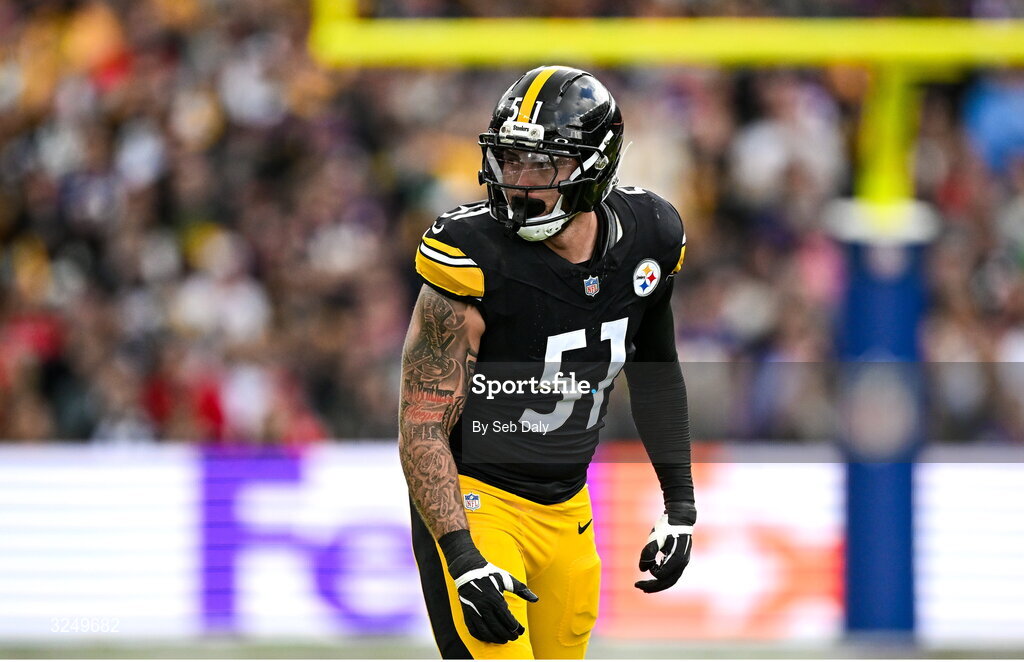 28 September 2025; Linebacker Nick Herbig #51 of Pittsburgh Steelers during the 2025 NFL International Game between the Pittsburgh Steelers and the Minnesota Vikings at Croke Park in Dublin. Photo by Seb Daly/Sportsfile