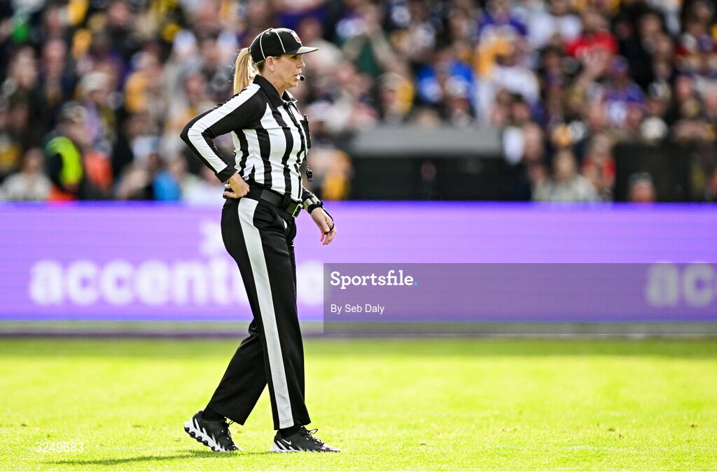28 September 2025; Down judge Sarah Thomas during the 2025 NFL International Game between the Pittsburgh Steelers and the Minnesota Vikings at Croke Park in Dublin. Photo by Seb Daly/Sportsfile