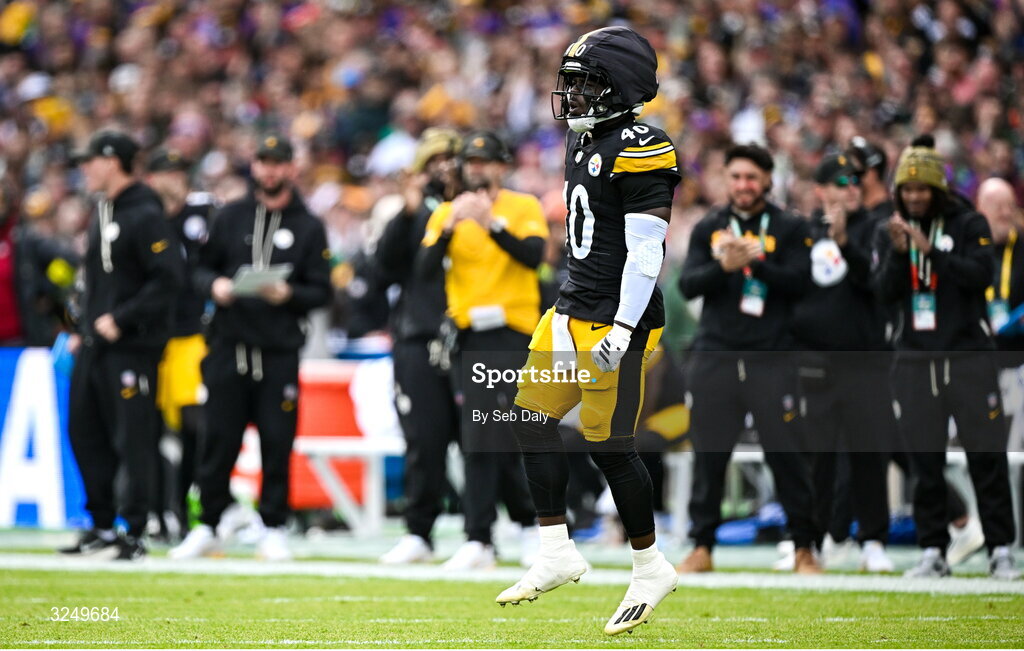 28 September 2025; Safety Jabrill Peppers #40 of Pittsburgh Steelers during the 2025 NFL International Game between the Pittsburgh Steelers and the Minnesota Vikings at Croke Park in Dublin. Photo by Seb Daly/Sportsfile