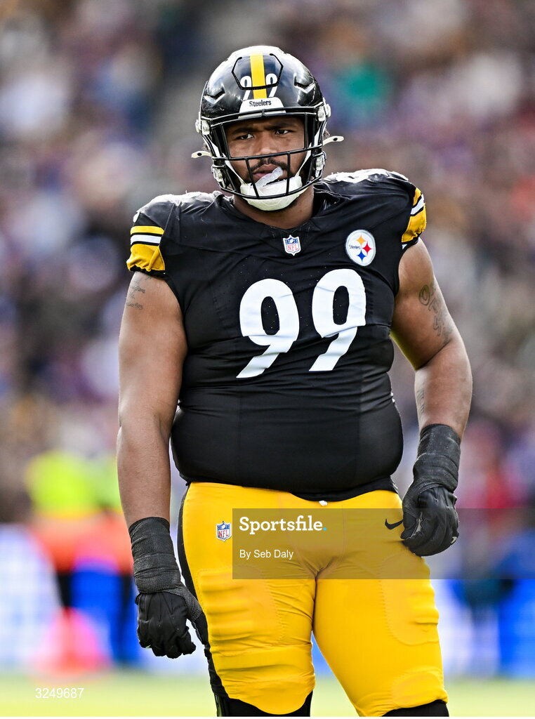 28 September 2025; Defensive tackle Derrick Harmon #99 of Pittsburgh Steelers during the 2025 NFL International Game between the Pittsburgh Steelers and the Minnesota Vikings at Croke Park in Dublin. Photo by Seb Daly/Sportsfile