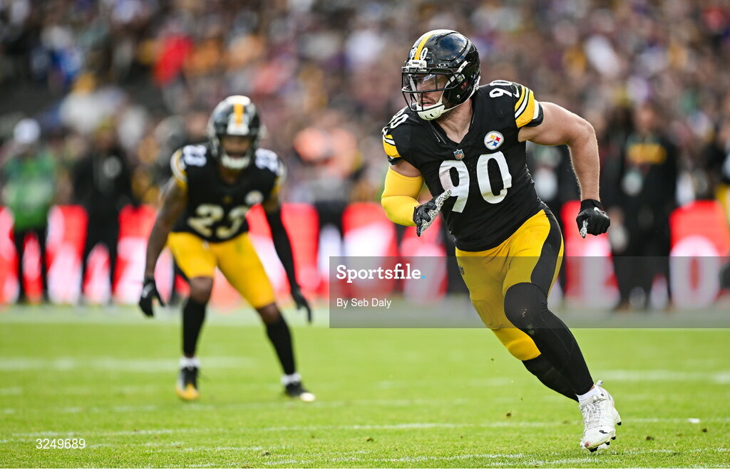 28 September 2025; Linebacker TJ Watt #90 of Pittsburgh Steelers during the 2025 NFL International Game between the Pittsburgh Steelers and the Minnesota Vikings at Croke Park in Dublin. Photo by Seb Daly/Sportsfile