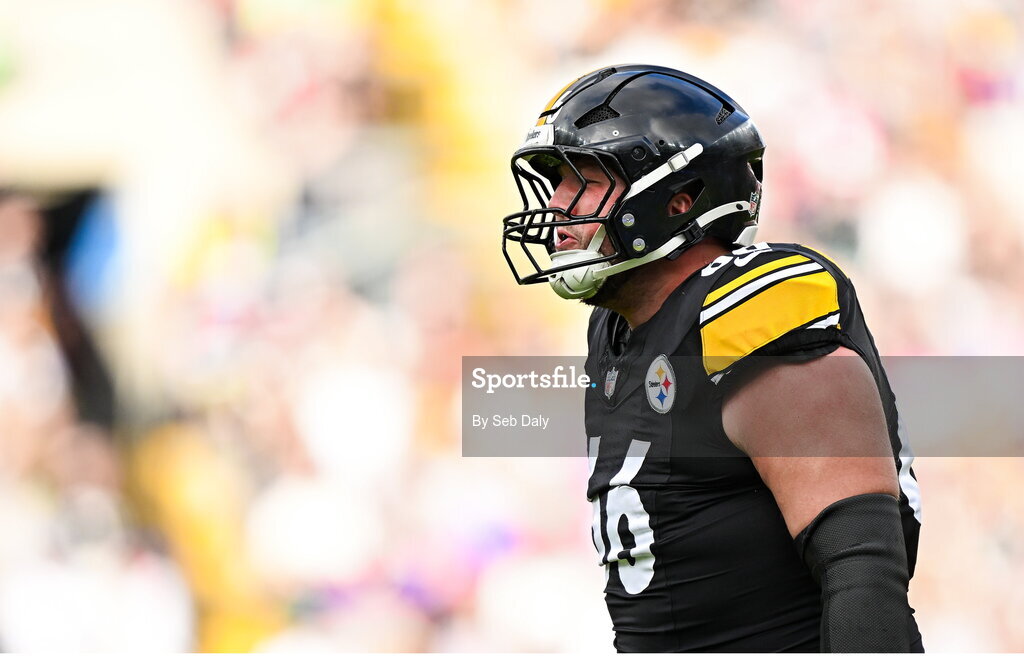 28 September 2025; Offensive lineman Mason McCormick #66 of Pittsburgh Steelers during the 2025 NFL International Game between the Pittsburgh Steelers and the Minnesota Vikings at Croke Park in Dublin. Photo by Seb Daly/Sportsfile