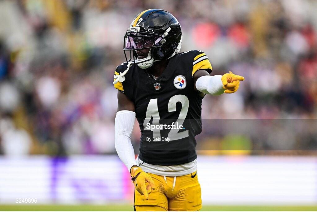 28 September 2025; Cornerback James Pierre #42 of Pittsburgh Steelers during the 2025 NFL International Game between the Pittsburgh Steelers and the Minnesota Vikings at Croke Park in Dublin. Photo by Seb Daly/Sportsfile
