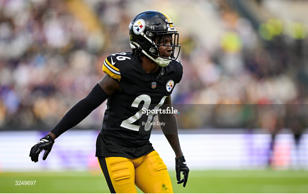 28 September 2025; Cornerback Brandin Echols #26 of Pittsburgh Steelers during the 2025 NFL International Game between the Pittsburgh Steelers and the Minnesota Vikings at Croke Park in Dublin. Photo by Seb Daly/Sportsfile