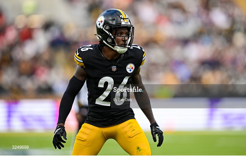 28 September 2025; Cornerback Brandin Echols #26 of Pittsburgh Steelers during the 2025 NFL International Game between the Pittsburgh Steelers and the Minnesota Vikings at Croke Park in Dublin. Photo by Seb Daly/Sportsfile