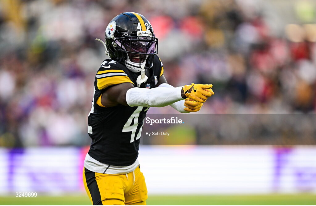 28 September 2025; Cornerback James Pierre #42 of Pittsburgh Steelers during the 2025 NFL International Game between the Pittsburgh Steelers and the Minnesota Vikings at Croke Park in Dublin. Photo by Seb Daly/Sportsfile