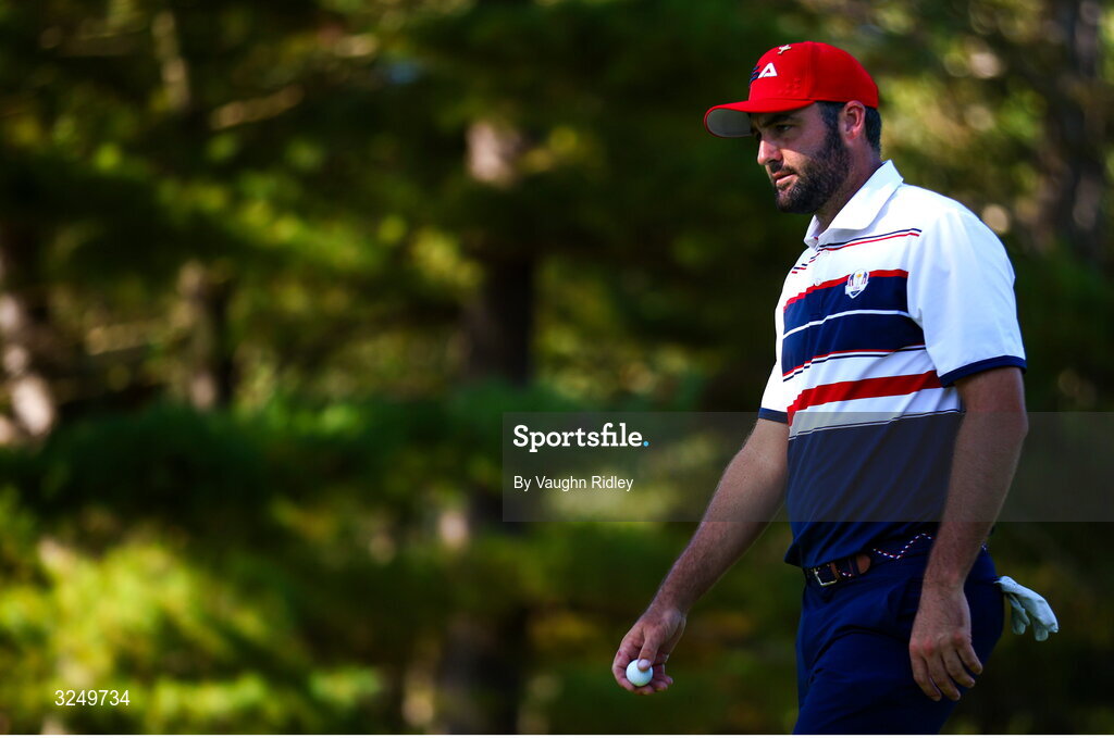 28 September 2025; Scottie Scheffler of USA during the singles matches on day three of the 2025 Ryder Cup at Black Course at Bethpage State Park Golf Course in Farmingdale, New York, USA. Photo by Vaughn Ridley/Sportsfile