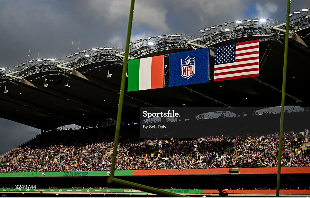 28 September 2025; The Irish tri-colour and flag of the United States of America hang in the Cusack Stand during the 2025 NFL International Game between the Pittsburgh Steelers and the Minnesota Vikings at Croke Park in Dublin. Photo by Seb Daly/Sportsfile