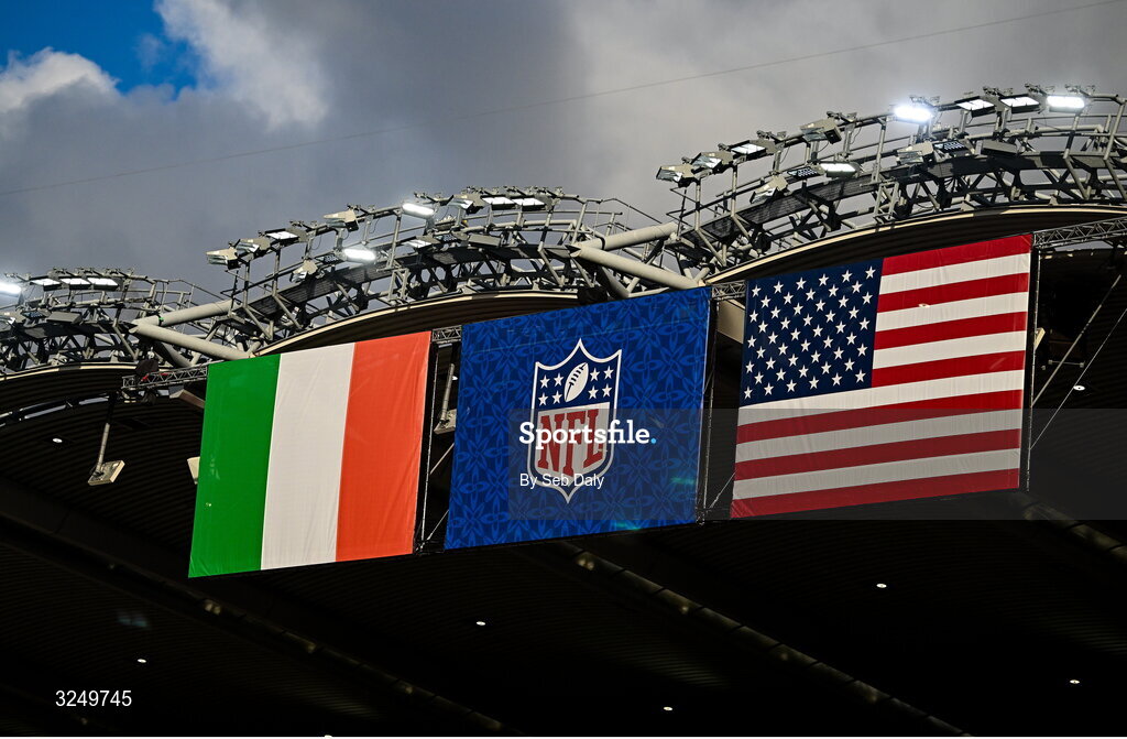 28 September 2025; The Irish tri-colour and flag of the United States of America hang in the Cusack Stand during the 2025 NFL International Game between the Pittsburgh Steelers and the Minnesota Vikings at Croke Park in Dublin. Photo by Seb Daly/Sportsfile