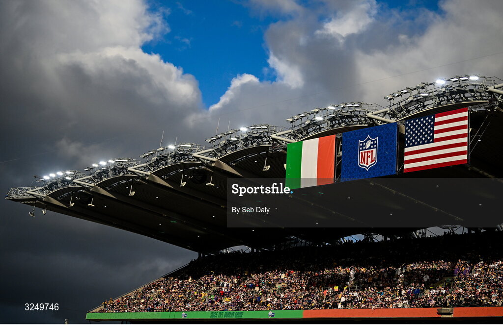 28 September 2025; The Irish tri-colour and flag of the United States of America hang in the Cusack Stand during the 2025 NFL International Game between the Pittsburgh Steelers and the Minnesota Vikings at Croke Park in Dublin. Photo by Seb Daly/Sportsfile