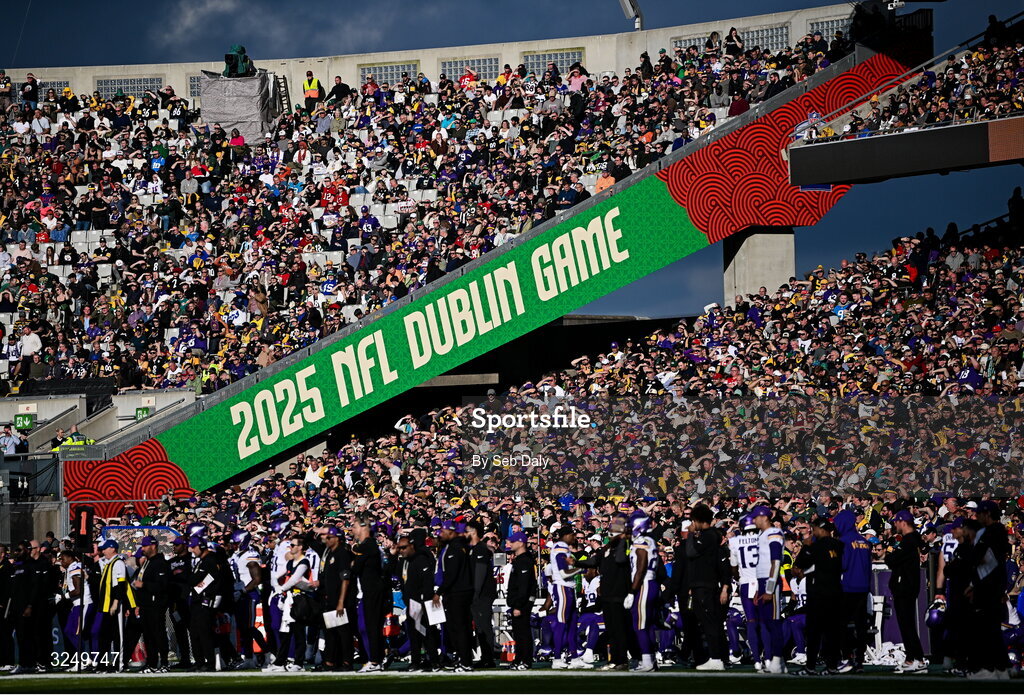 28 September 2025; Match branding on The Hill during the 2025 NFL International Game between the Pittsburgh Steelers and the Minnesota Vikings at Croke Park in Dublin. Photo by Seb Daly/Sportsfile