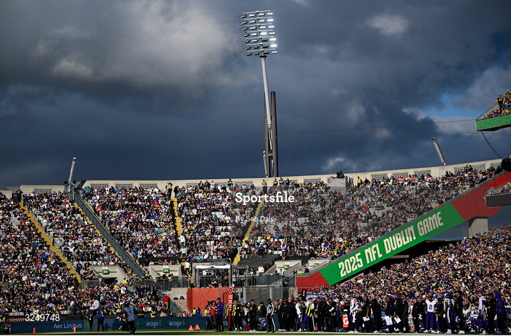 28 September 2025; Match branding on The Hill during the 2025 NFL International Game between the Pittsburgh Steelers and the Minnesota Vikings at Croke Park in Dublin. Photo by Seb Daly/Sportsfile
