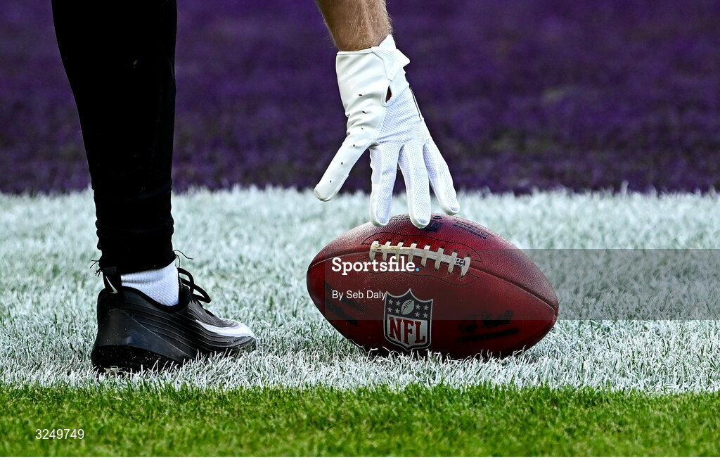 28 September 2025; A general view of a ball during the 2025 NFL International Game between the Pittsburgh Steelers and the Minnesota Vikings at Croke Park in Dublin. Photo by Seb Daly/Sportsfile