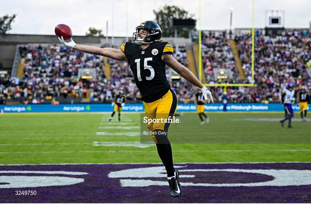 28 September 2025; Wide receiver Ben Skowronek #15 of Pittsburgh Steelers during the 2025 NFL International Game between the Pittsburgh Steelers and the Minnesota Vikings at Croke Park in Dublin. Photo by Seb Daly/Sportsfile