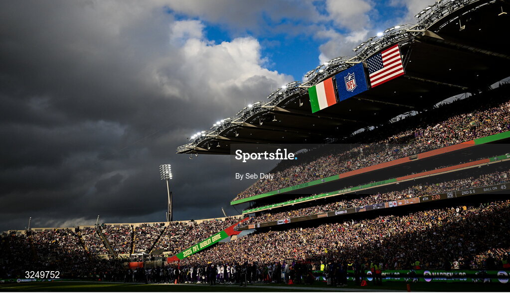 28 September 2025; The Irish tri-colour and flag of the United States of America hang in the Cusack Stand during the 2025 NFL International Game between the Pittsburgh Steelers and the Minnesota Vikings at Croke Park in Dublin. Photo by Seb Daly/Sportsfile