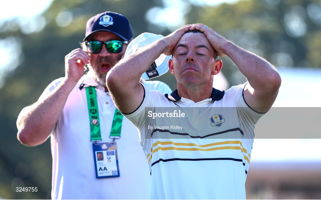 28 September 2025; Rory McIlroy of Europe on the 18th green after his defeat to Scottie Scheffler of USA during the singles matches on day three of the 2025 Ryder Cup at Black Course at Bethpage State Park Golf Course in Farmingdale, New York, USA. Photo by Vaughn Ridley/Sportsfile