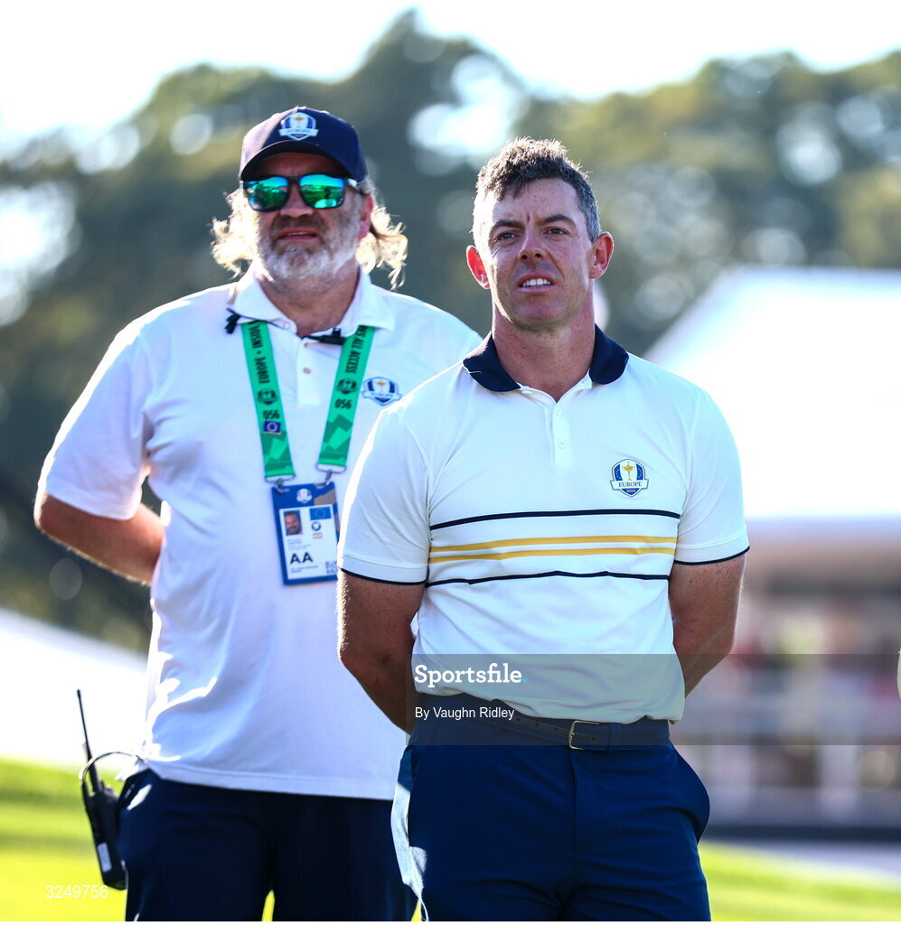 28 September 2025; Rory McIlroy of Europe on the 18th green after his defeat to Scottie Scheffler of USA during the singles matches on day three of the 2025 Ryder Cup at Black Course at Bethpage State Park Golf Course in Farmingdale, New York, USA. Photo by Vaughn Ridley/Sportsfile
