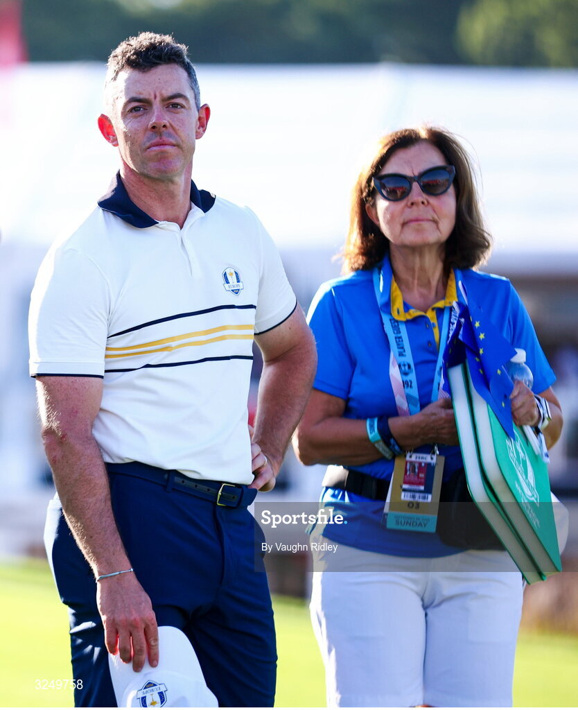 28 September 2025; Rory McIlroy of Europe on the 18th green after his defeat to Scottie Scheffler of USA during the singles matches on day three of the 2025 Ryder Cup at Black Course at Bethpage State Park Golf Course in Farmingdale, New York, USA. Photo by Vaughn Ridley/Sportsfile