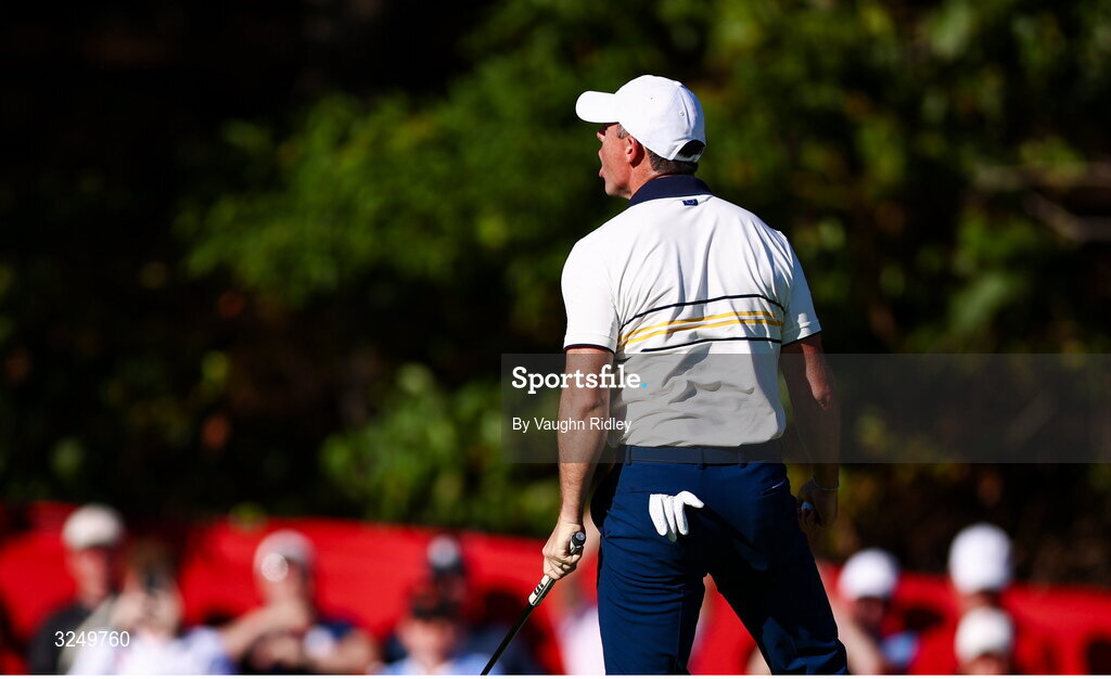 28 September 2025; Rory McIlroy of Europe celebrates a putt during the singles matches on day three of the 2025 Ryder Cup at Black Course at Bethpage State Park Golf Course in Farmingdale, New York, USA. Photo by Vaughn Ridley/Sportsfile