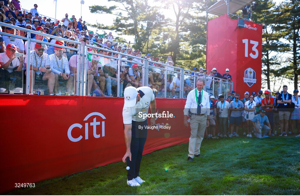 28 September 2025; Rory McIlroy of Europe takes a drop on the 13th hole during the singles matches on day three of the 2025 Ryder Cup at Black Course at Bethpage State Park Golf Course in Farmingdale, New York, USA. Photo by Vaughn Ridley/Sportsfile