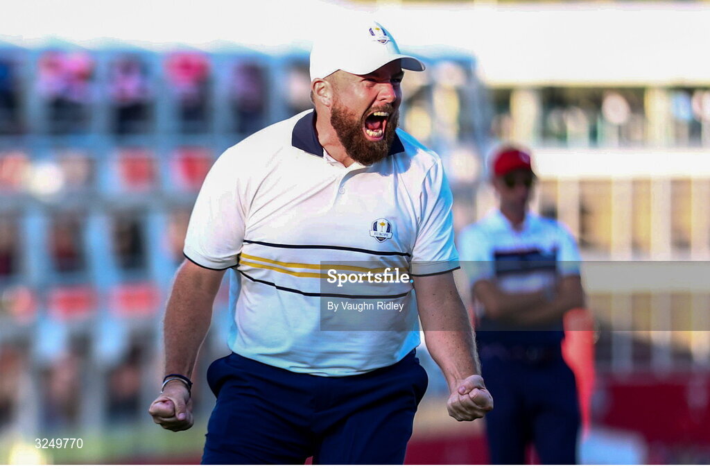 28 September 2025; Shane Lowry of Europe celebrates on the 18th green during the singles matches on day three of the 2025 Ryder Cup at Black Course at Bethpage State Park Golf Course in Farmingdale, New York, USA. Photo by Vaughn Ridley/Sportsfile