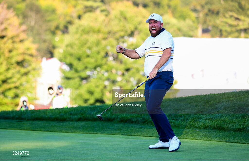 28 September 2025; Shane Lowry of Europe celebrates on the 18th green during the singles matches on day three of the 2025 Ryder Cup at Black Course at Bethpage State Park Golf Course in Farmingdale, New York, USA. Photo by Vaughn Ridley/Sportsfile