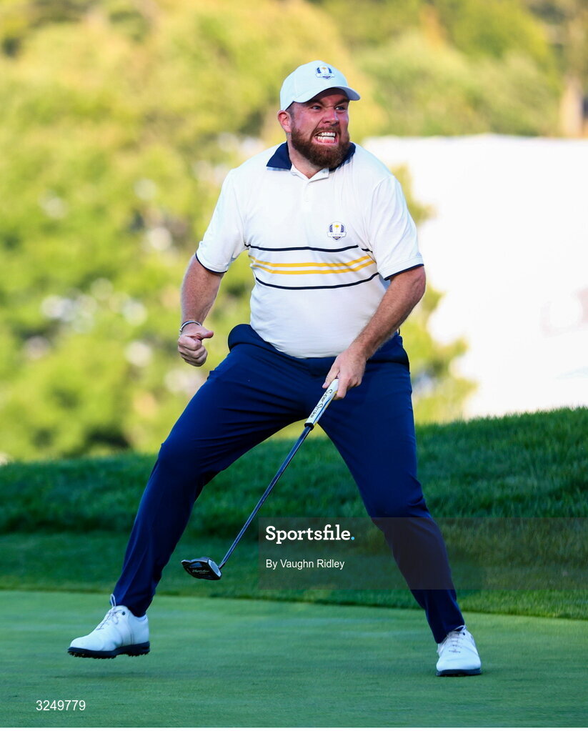 28 September 2025; Shane Lowry of Europe celebrates on the 18th green during the singles matches on day three of the 2025 Ryder Cup at Black Course at Bethpage State Park Golf Course in Farmingdale, New York, USA. Photo by Vaughn Ridley/Sportsfile