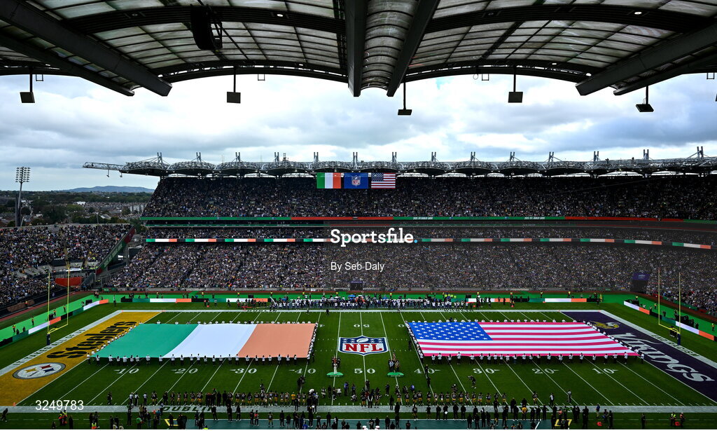28 September 2025; A general view of the stadium during the national anthems before the 2025 NFL International Game between the Pittsburgh Steelers and the Minnesota Vikings at Croke Park in Dublin. Photo by Seb Daly/Sportsfile