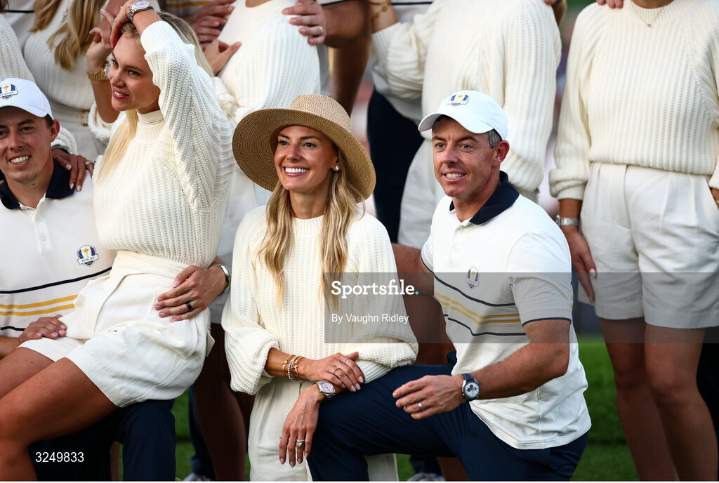28 September 2025; Rory McIlroy of Europe celebrates with his wife Erica Stoll McIlroy on day three of the 2025 Ryder Cup at Black Course at Bethpage State Park Golf Course in Farmingdale, New York, USA. Photo by Vaughn Ridley/Sportsfile