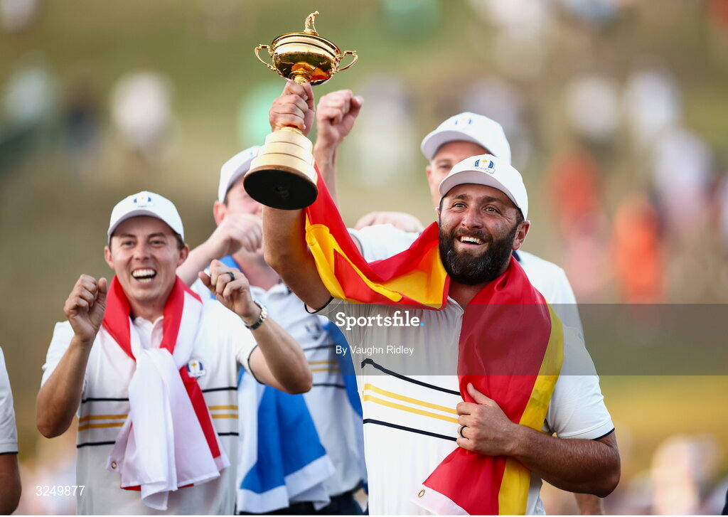 28 September 2025; Jon Rahm of Team Europe lifts the Ryder Cup on day three of the 2025 Ryder Cup at Black Course at Bethpage State Park Golf Course in Farmingdale, New York, USA. Photo by Vaughn Ridley/Sportsfile