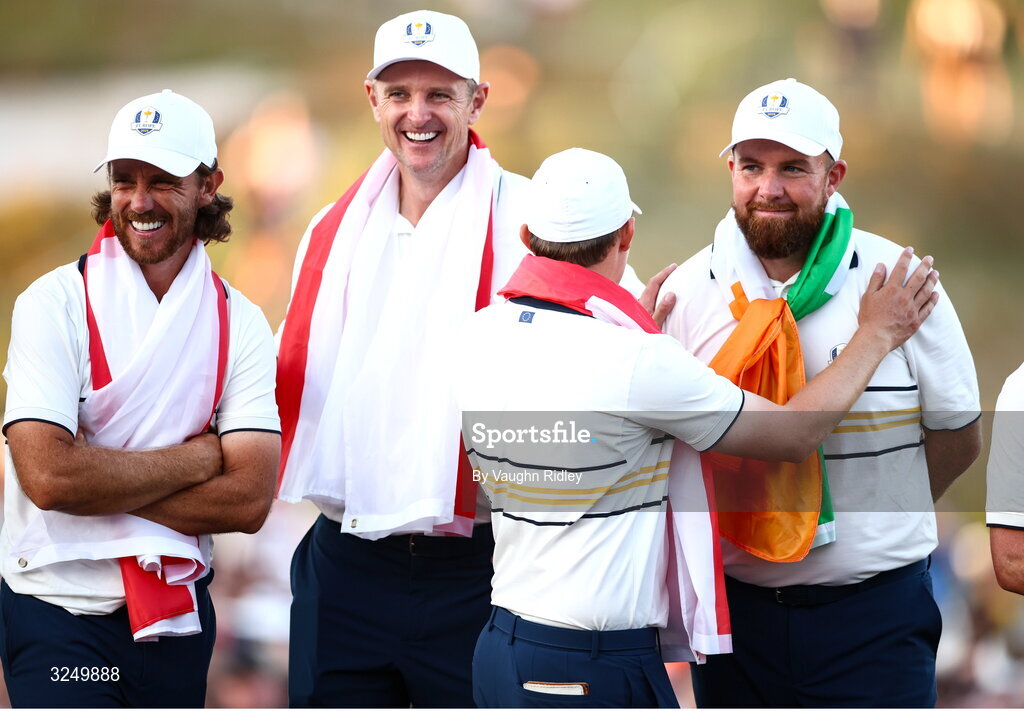 28 September 2025; Europe players, from left, Tommy Fleetwood, Justin Rose, Matt Fitzpatrick and Shane Lowry on day three of the 2025 Ryder Cup at Black Course at Bethpage State Park Golf Course in Farmingdale, New York, USA. Photo by Vaughn Ridley/Sportsfile