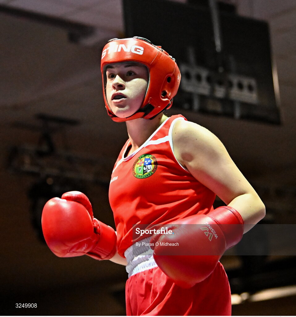 19 September 2025; Ella Archbold of Ballybrack BC Dublin in action against Layla Kelly of Baldoyle BC Dublin during their 57kg bout at the 2025 IABA National U17 Championship Finals at the National Boxing Stadium in Dublin. Photo by Piaras Ó Mídheach/Sportsfile