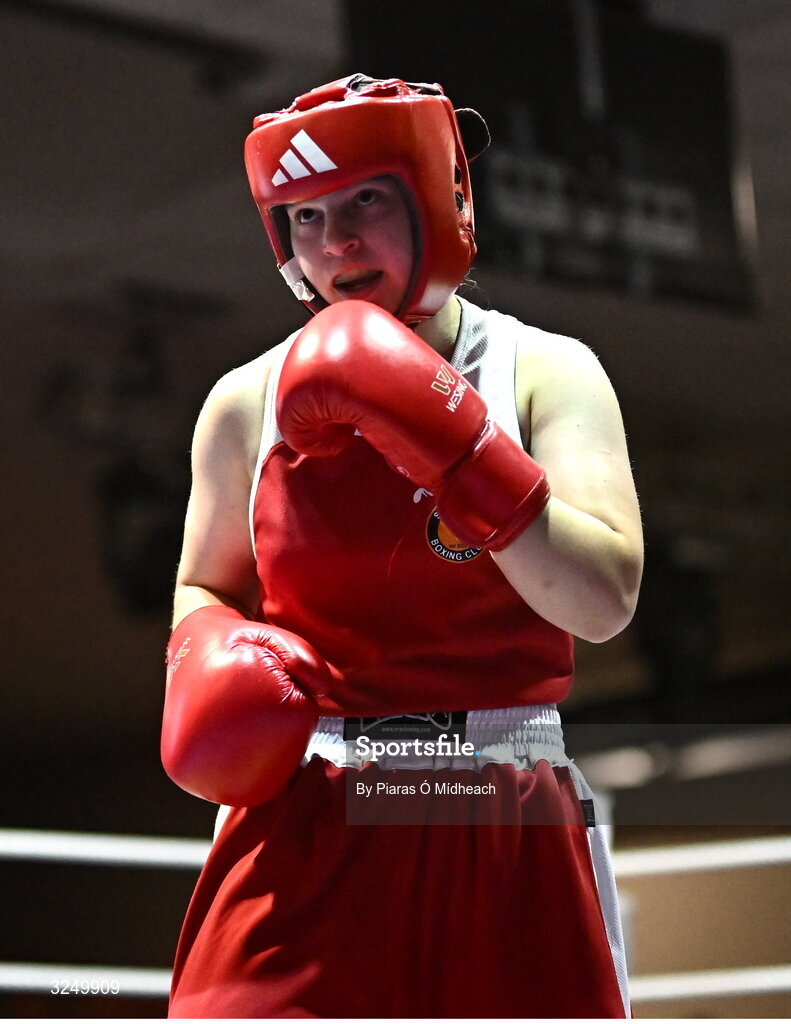 19 September 2025; Madina Bagirova of Smithfield BC Dublin in action against Ruth Dossen Olympic BC Galway during their 60kg bout at the 2025 IABA National U17 Championship Finals at the National Boxing Stadium in Dublin. Photo by Piaras Ó Mídheach/Sportsfile