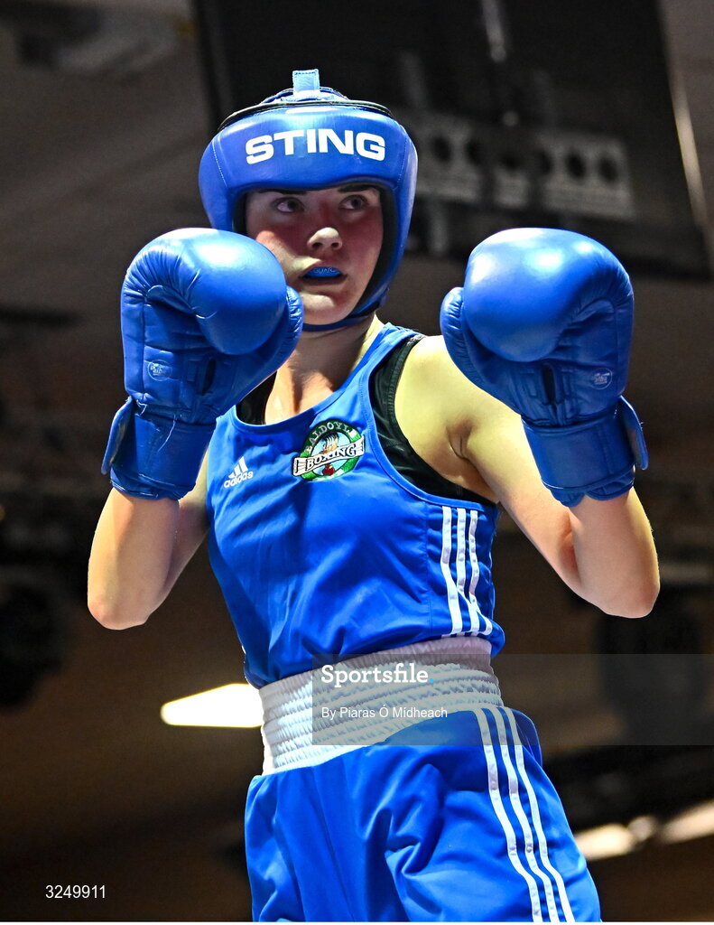 19 September 2025; Layla Kelly of Baldoyle BC Dublin, left, in action against Ella Archbold of Ballybrack BC Dublin during their 57kg bout at the 2025 IABA National U17 Championship Finals at the National Boxing Stadium in Dublin. Photo by Piaras Ó Mídheach/Sportsfile