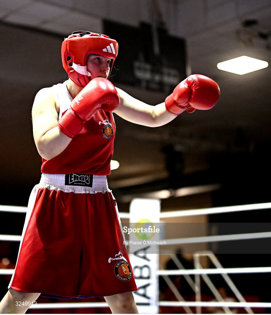 19 September 2025; Madina Bagirova of Smithfield BC Dublin in action against Ruth Dossen Olympic BC Galway during their 60kg bout at the 2025 IABA National U17 Championship Finals at the National Boxing Stadium in Dublin. Photo by Piaras Ó Mídheach/Sportsfile