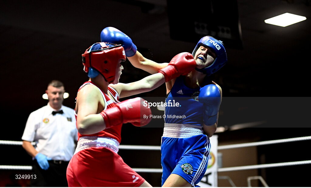 19 September 2025; Layla Kelly of Baldoyle BC Dublin, right, in action against Ella Archbold of Ballybrack BC Dublin during their 57kg bout at the 2025 IABA National U17 Championship Finals at the National Boxing Stadium in Dublin. Photo by Piaras Ó Mídheach/Sportsfile